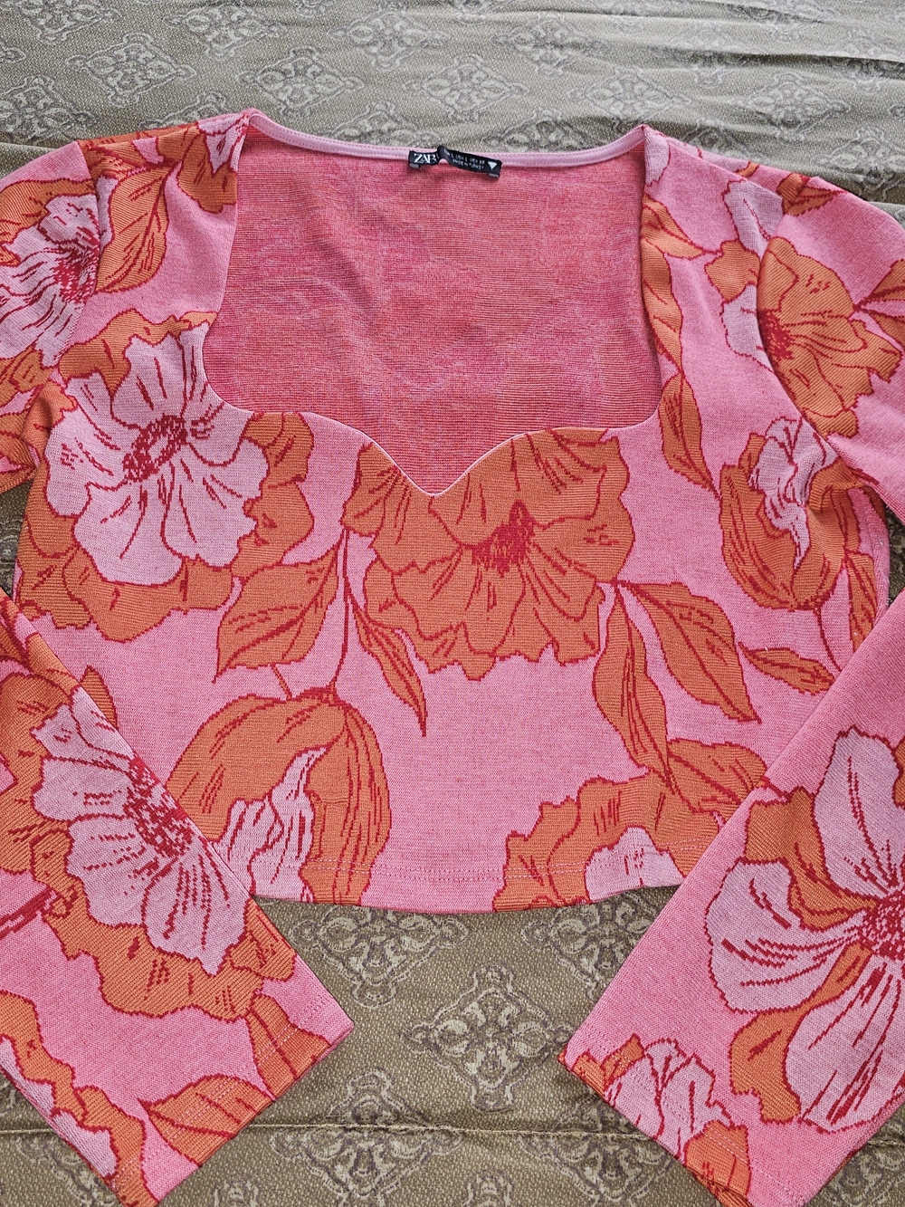 Zara Pink & Orange Floral Scoop-Neck Long-Sleeve Top